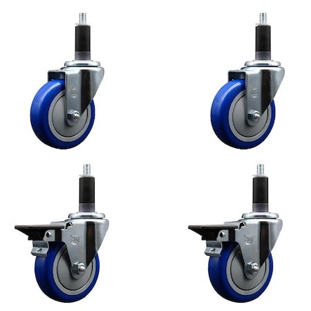 Service Caster 4'' Blue Poly Wheel Swivel 1-1/8'' Expanding Stem Caster Set 2 Brakes, 4PK SCC-EX20S414-PPUB-BLUE-2-PLB-2-118